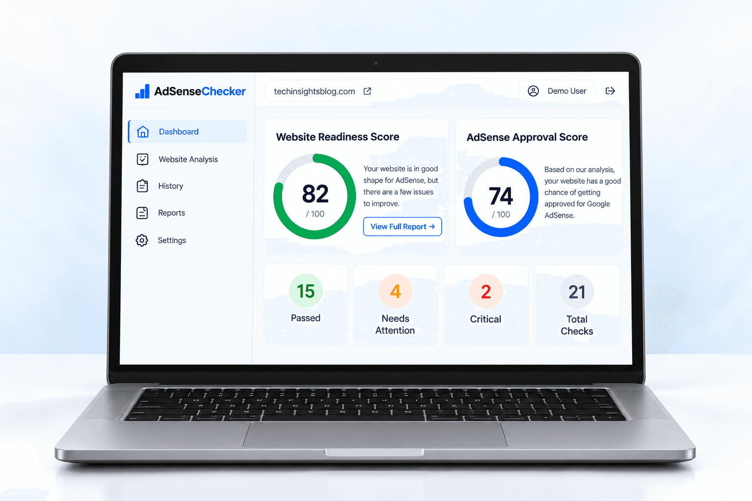 AdSenseChecker dashboard showing Website Readiness Score and AdSense Approval Score
